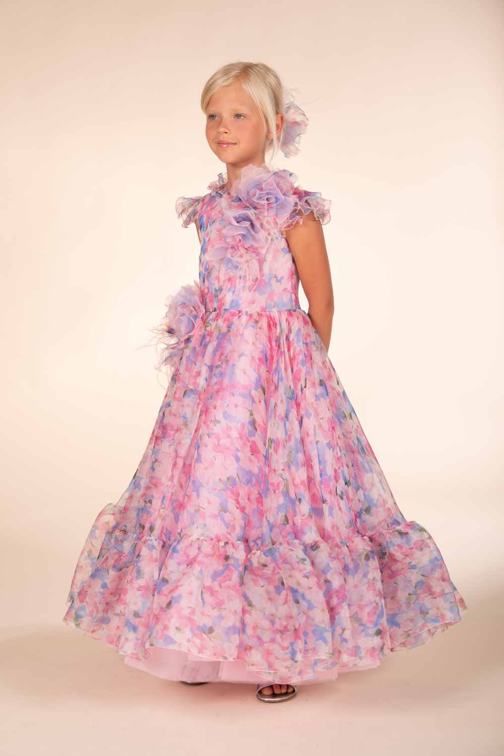 Abito Marchesa Kids Couture in organza a stampa floreale