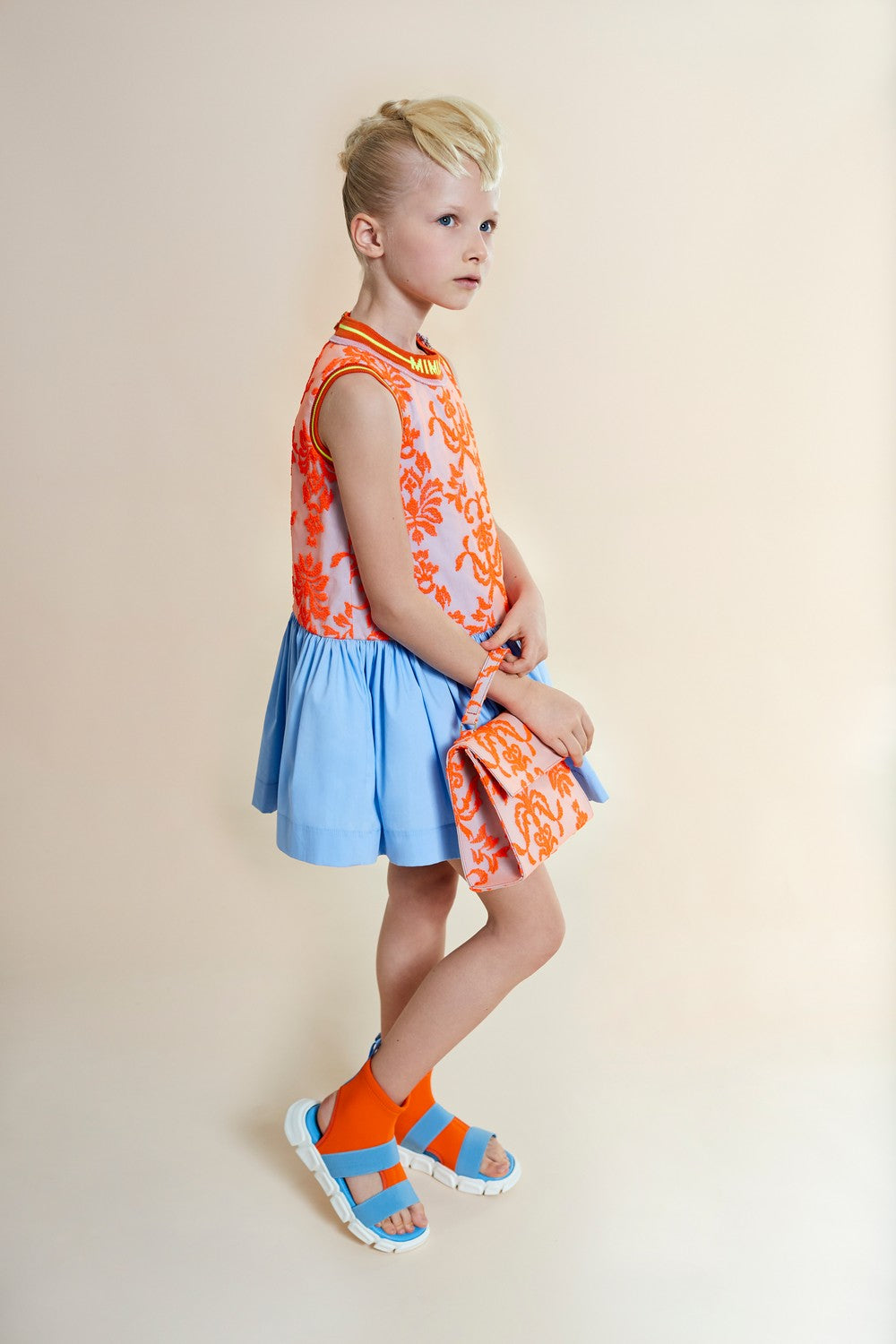 Mimisol dress in poplin and fluorescent lace with collar