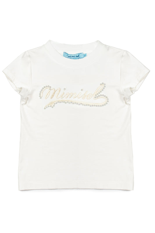 Mimisol T-shirt with logo and embroidered pearls