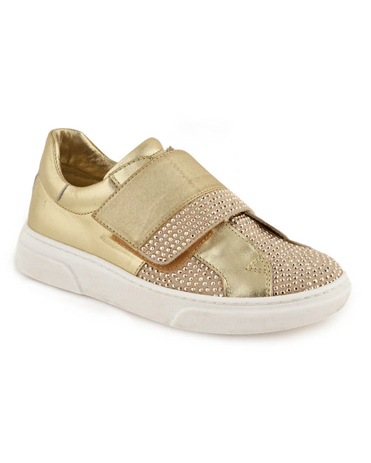 Gold leather sneakers with rhinestones