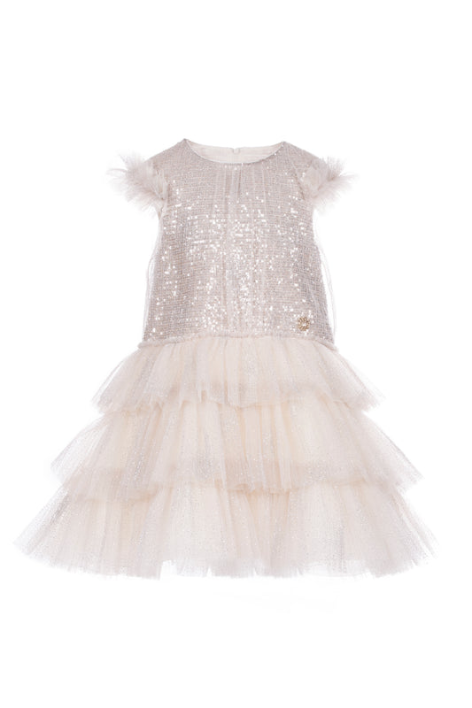 Abito a balze in tulle plisse e paillettes