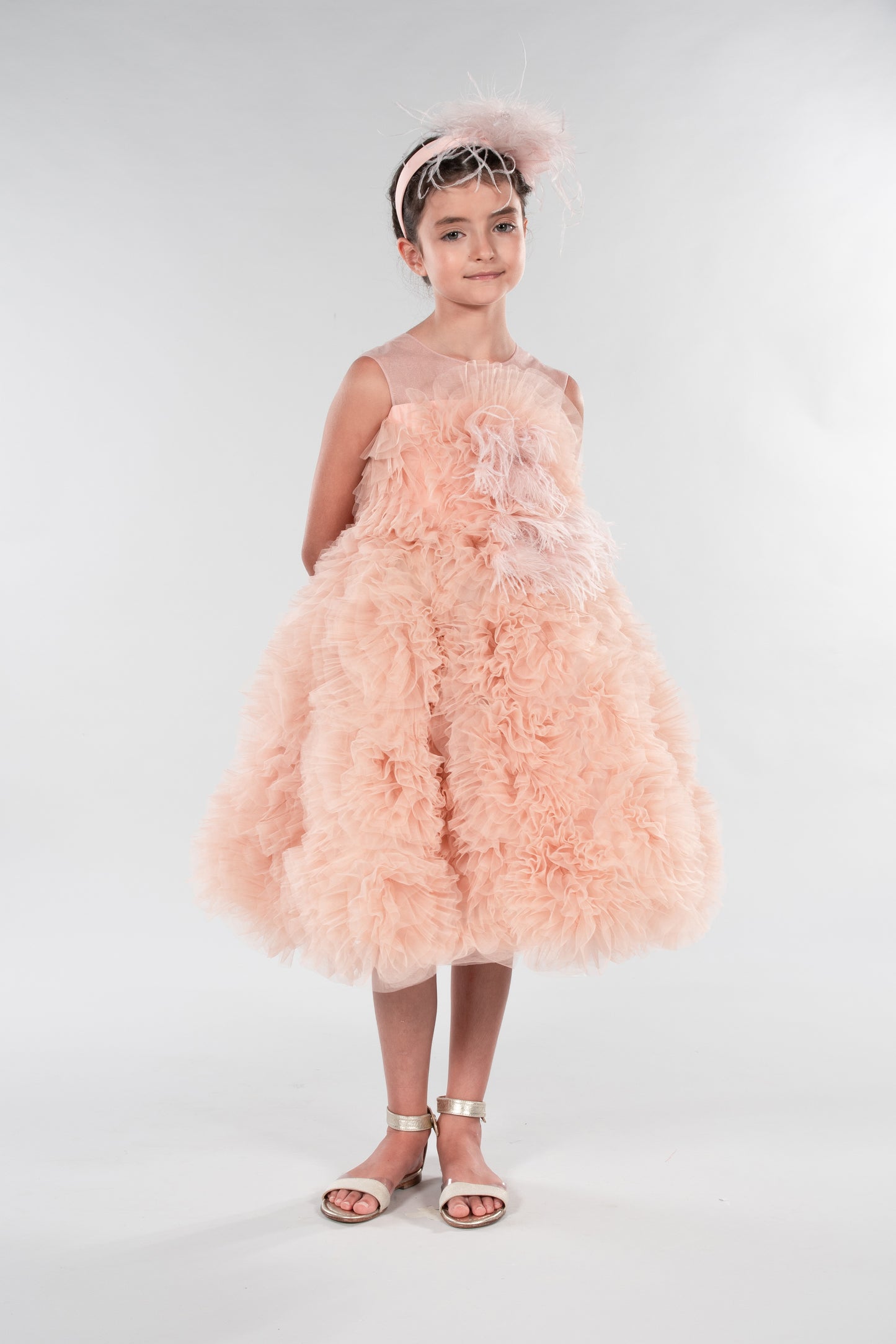 Abito Marchesa Kids Couture in tulle con piume
