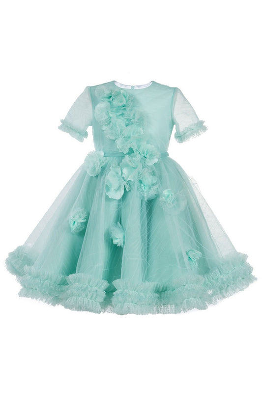 Abito in tulle plumetis plissato con fiori