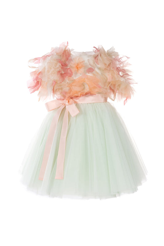 Abito in tulle con corpino di piume