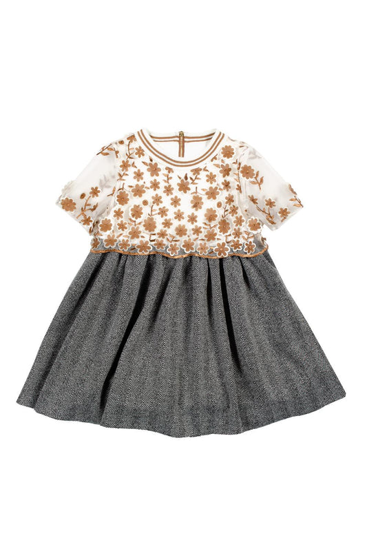 Mimisol dress in herringbone fabric and 3D floral tulle