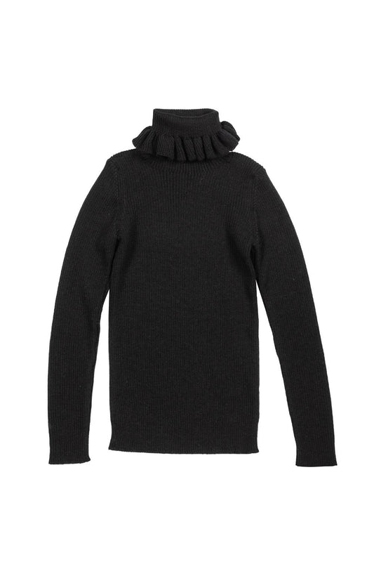 Mimisol Wool Turtleneck with Ruffles - 6Y - BLACK