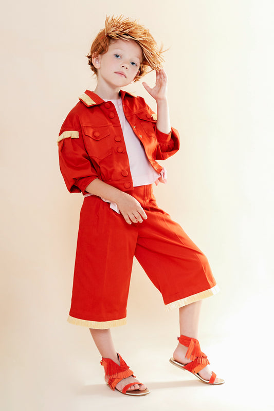 Mimisol culottes in stretch cotton with raffia fringes